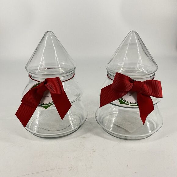 Set of 2 Vintage Glass Christmas Tree Jar Canister with Lid 6 1/2” Made in USA - Picture 1 of 4